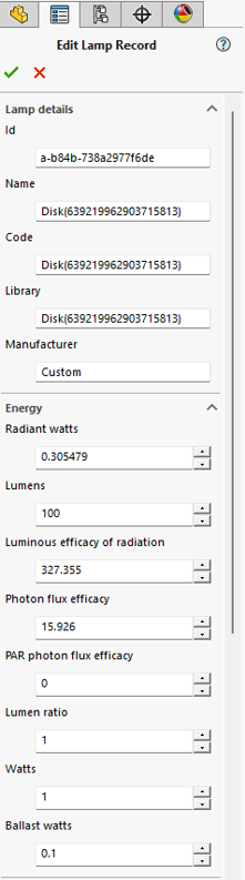 Solidworks Lamp Modify Dialog