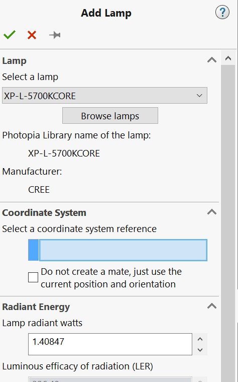 Solidworks Lamp Properties Page