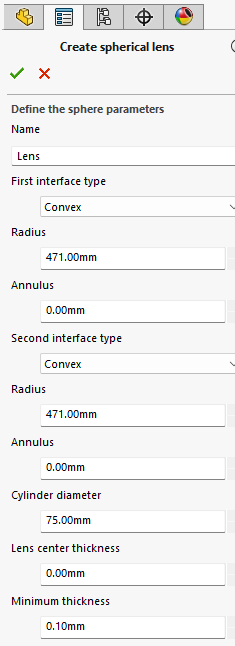 Solidworks Smooth Lens Tutorial - Lens Setup Property Page