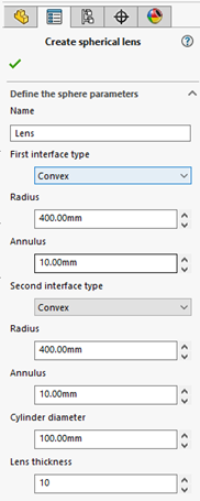 Solidworks Smooth Lens Tutorial - Lens Setup Property Page